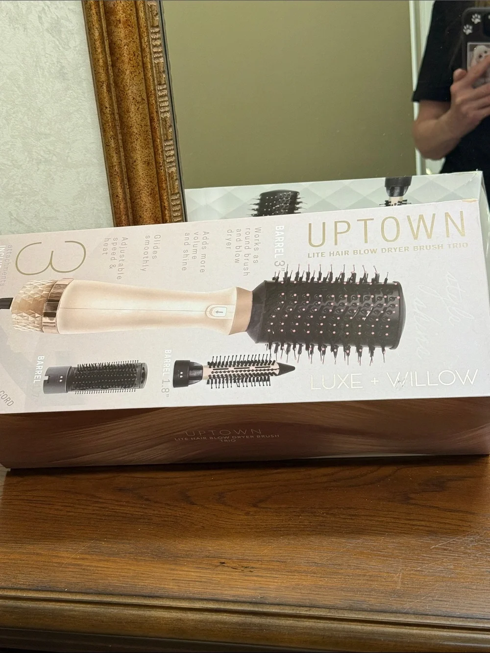 Luxe Willow 3-in-1 Hair Blow Dryer Brush Trio. Gold/Black-Round brush blow dryer